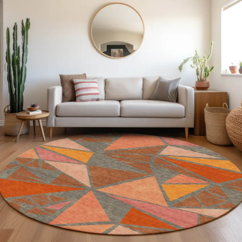 8' Rust Gray And Pink Round Geometric Washable Indoor Outdoor Area Rug Photo 7