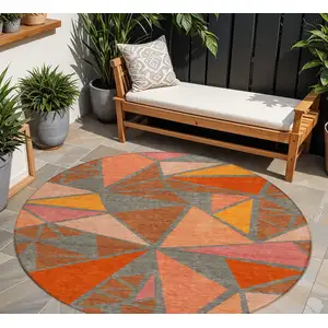 Photo of 8' Rust Gray And Pink Round Geometric Washable Indoor Outdoor Area Rug