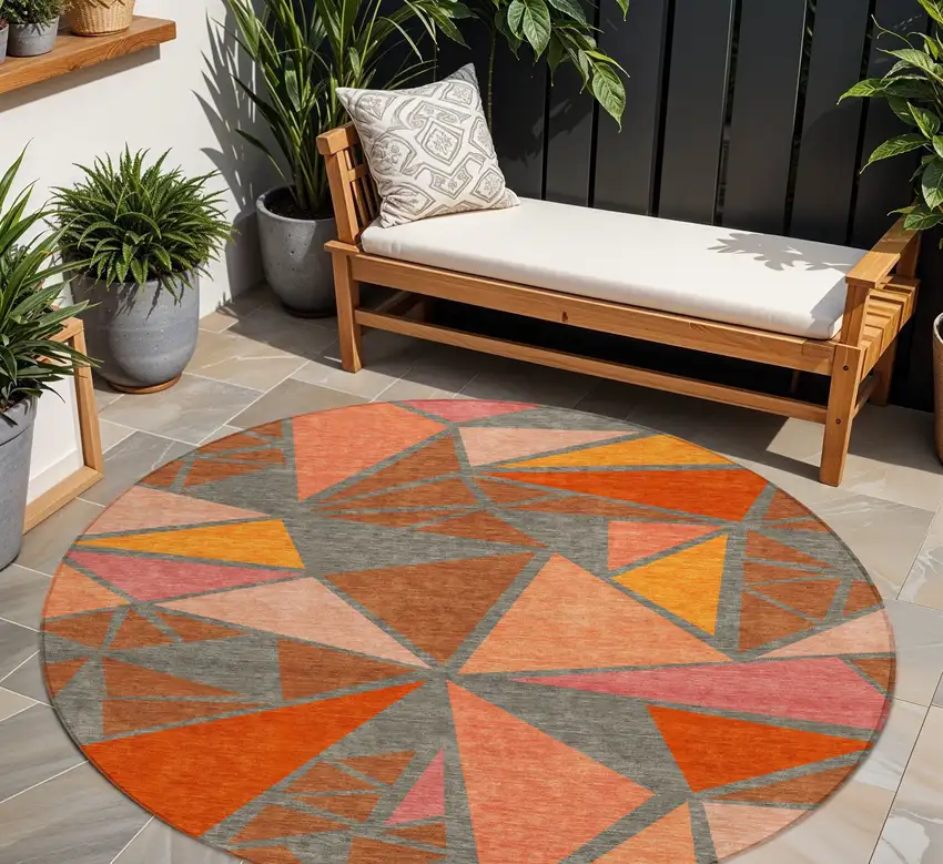 8' Rust Gray And Pink Round Geometric Washable Indoor Outdoor Area Rug Photo 1