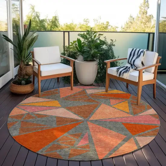 8' Rust Gray And Pink Round Geometric Washable Indoor Outdoor Area Rug Photo 6
