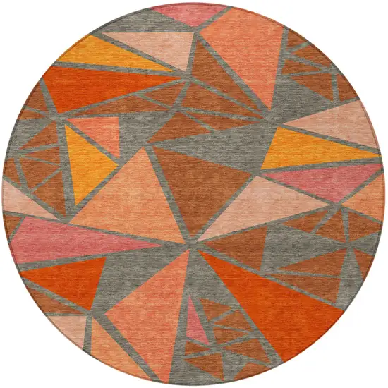 8' Rust Gray And Pink Round Geometric Washable Indoor Outdoor Area Rug Photo 5