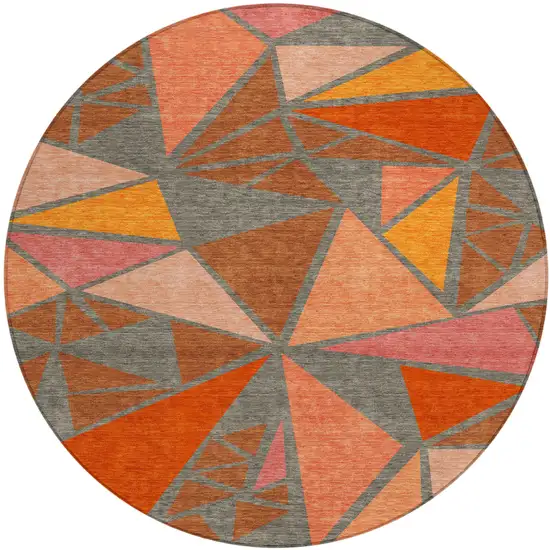 8' Rust Gray And Pink Round Geometric Washable Indoor Outdoor Area Rug Photo 2
