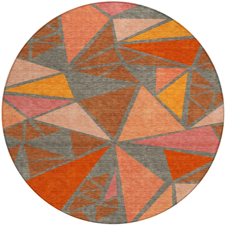 8' Rust Gray And Pink Round Geometric Washable Indoor Outdoor Area Rug Photo 2