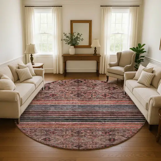 8' Rust Gray And Salmon Striped Washable Round Rug With UV Protection Photo 4