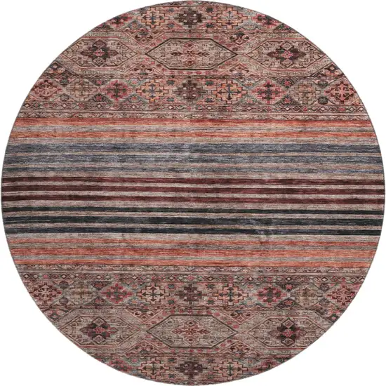 8' Rust Gray And Salmon Striped Washable Round Rug With UV Protection Photo 1