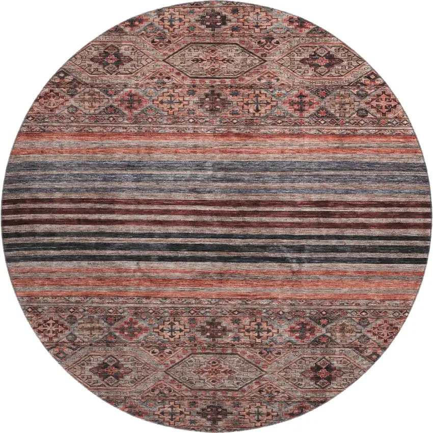 8' Rust Gray And Salmon Striped Washable Round Rug With UV Protection Photo 1