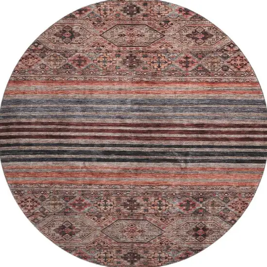 8' Rust Gray And Salmon Striped Washable Round Rug With UV Protection Photo 3