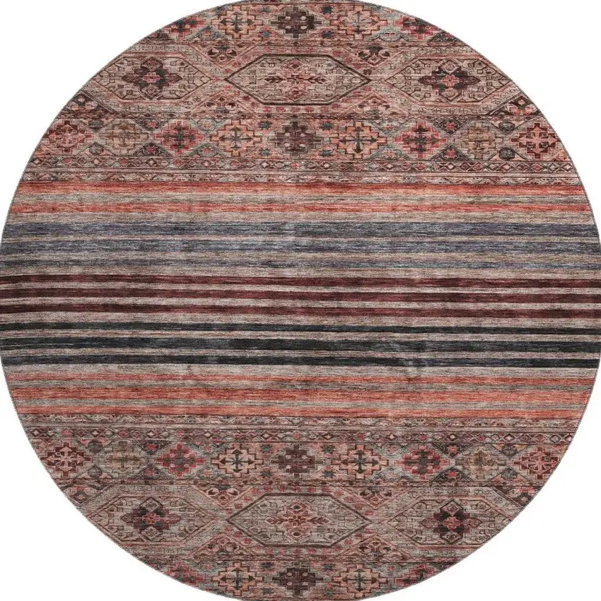 8' Rust Gray And Salmon Striped Washable Round Rug With UV Protection Photo 3