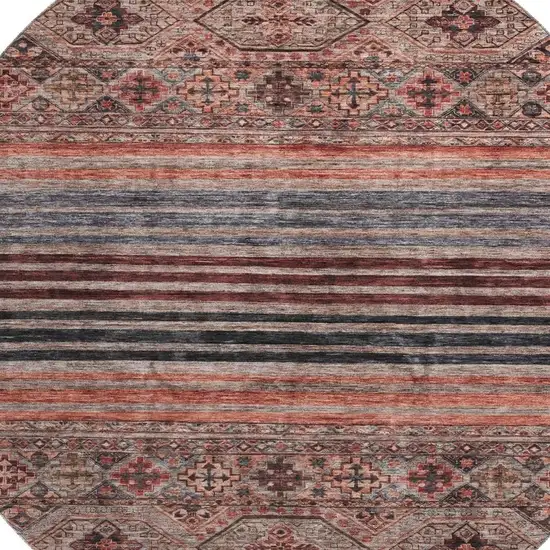 8' Rust Gray And Salmon Striped Washable Round Rug With UV Protection Photo 2