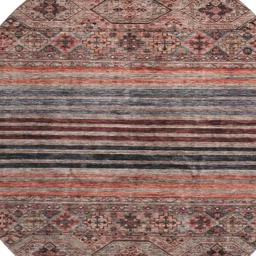 8' Rust Gray And Salmon Striped Washable Round Rug With UV Protection Photo 2