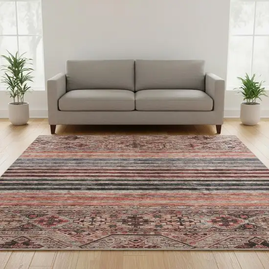 8' Rust Gray And Salmon Striped Washable Round Rug With UV Protection Photo 2