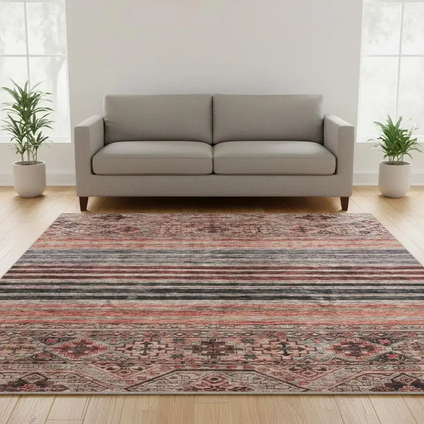 8' Rust Gray And Salmon Striped Washable Round Rug With UV Protection Photo 2