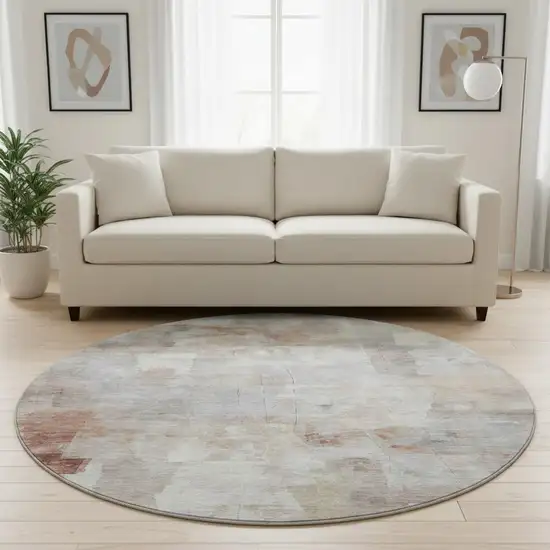 8' Rust Gray And Silver Abstract Washable Round Rug With UV Protection Photo 2