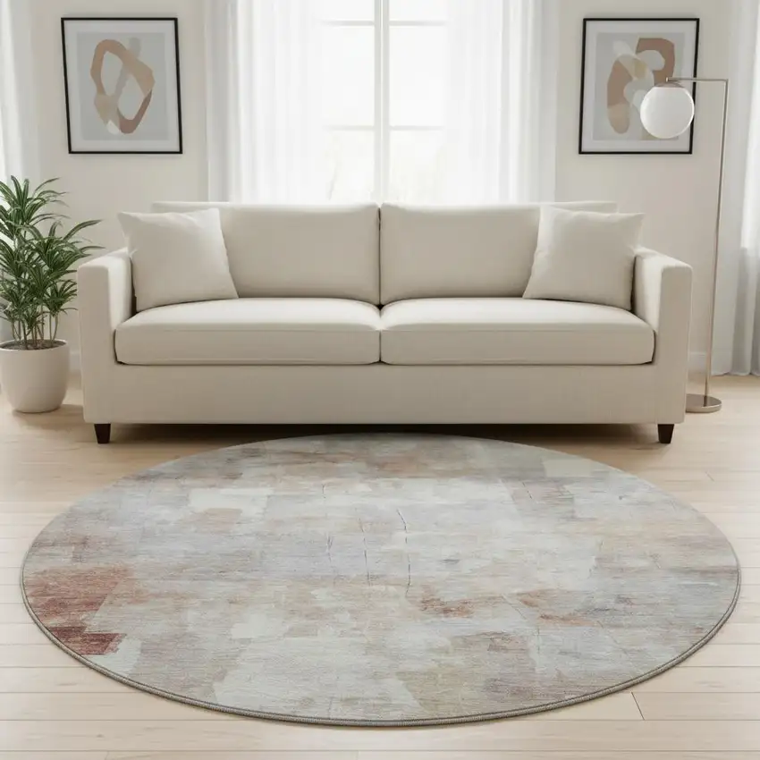 8' Rust Gray And Silver Abstract Washable Round Rug With UV Protection Photo 2