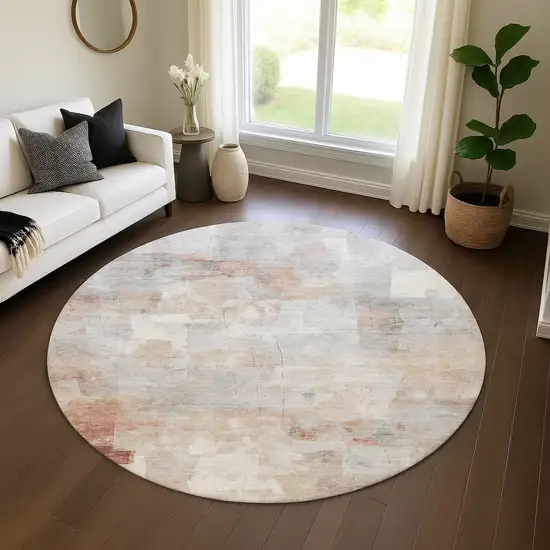 8' Rust Gray And Silver Abstract Washable Round Rug With UV Protection Photo 3
