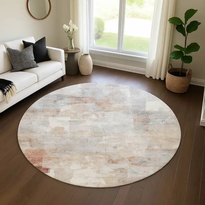 8' Rust Gray And Silver Abstract Washable Round Rug With UV Protection Photo 3