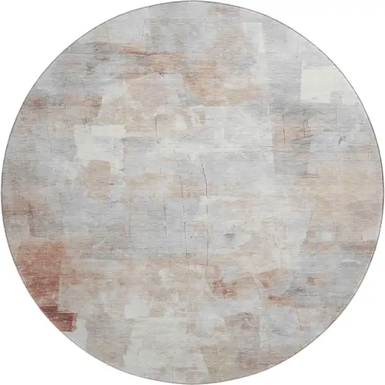 8' Rust Gray And Silver Abstract Washable Round Rug With UV Protection Photo 1