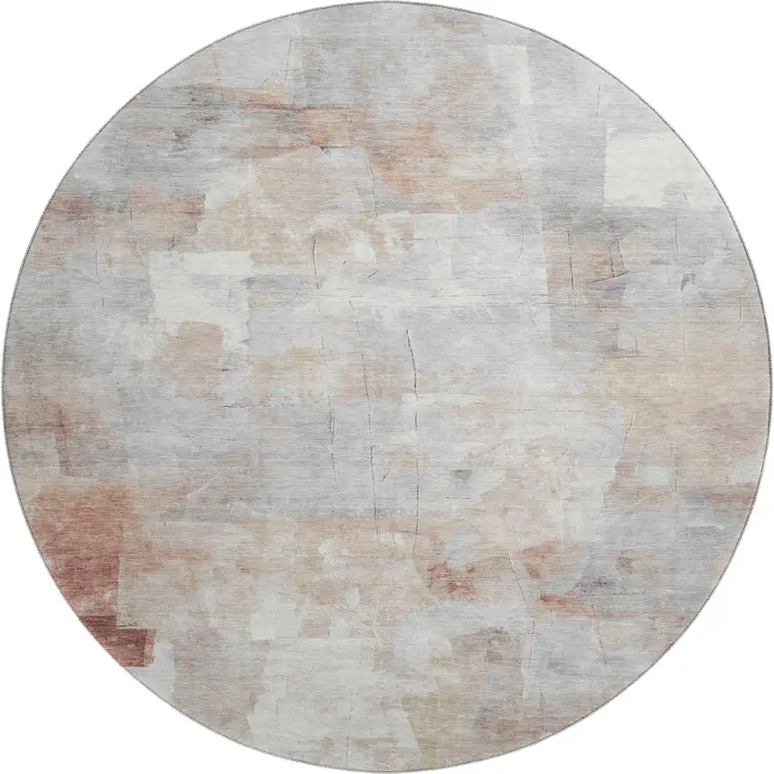 8' Rust Gray And Silver Abstract Washable Round Rug With UV Protection Photo 1