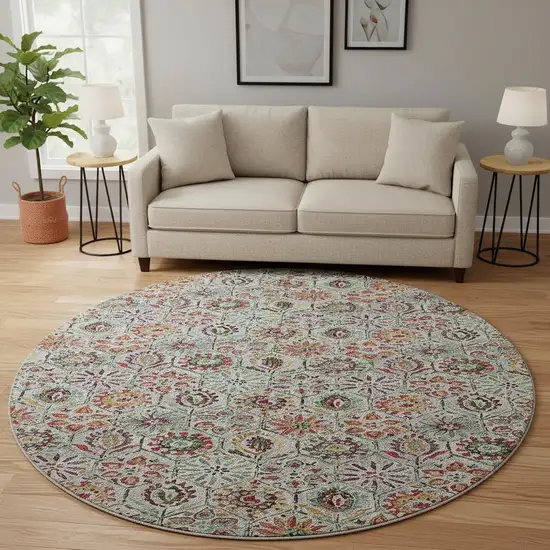 8' Rust Gray And Silver Floral Washable Round Rug With UV Protection Photo 2