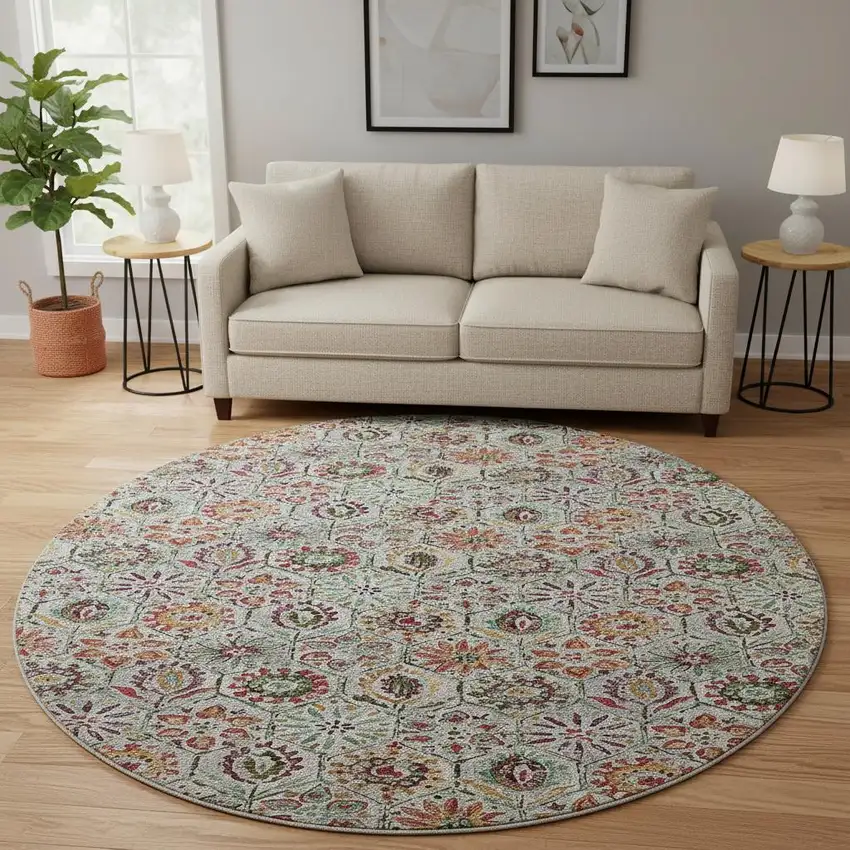 8' Rust Gray And Silver Floral Washable Round Rug With UV Protection Photo 2