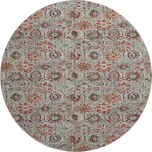 Photo of 8' Rust Gray And Silver Floral Washable Round Rug With UV Protection
