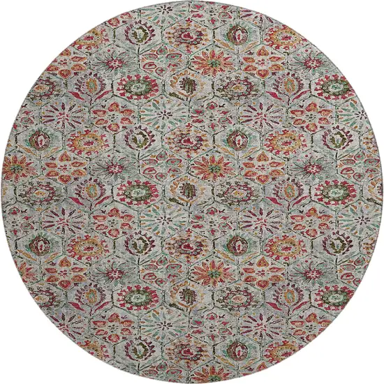 8' Rust Gray And Silver Floral Washable Round Rug With UV Protection Photo 1