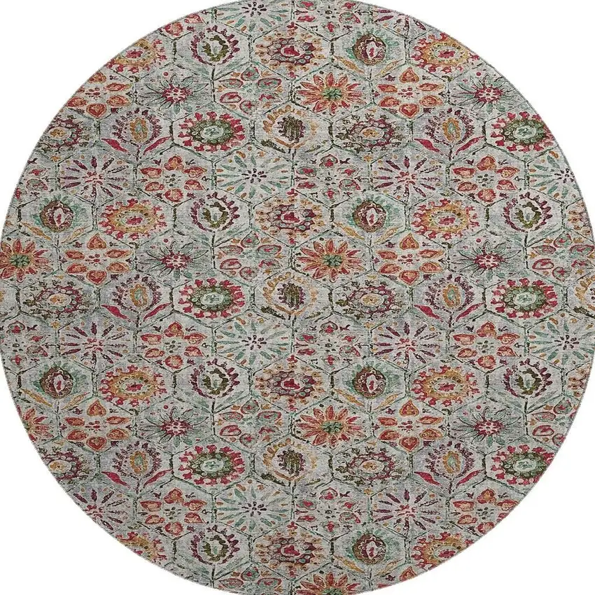 8' Rust Gray And Silver Floral Washable Round Rug With UV Protection Photo 3
