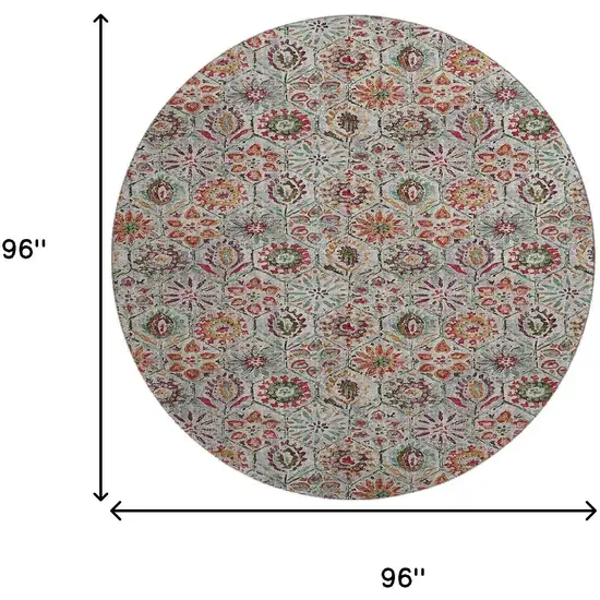 8' Rust Gray And Silver Floral Washable Round Rug With UV Protection Photo 9