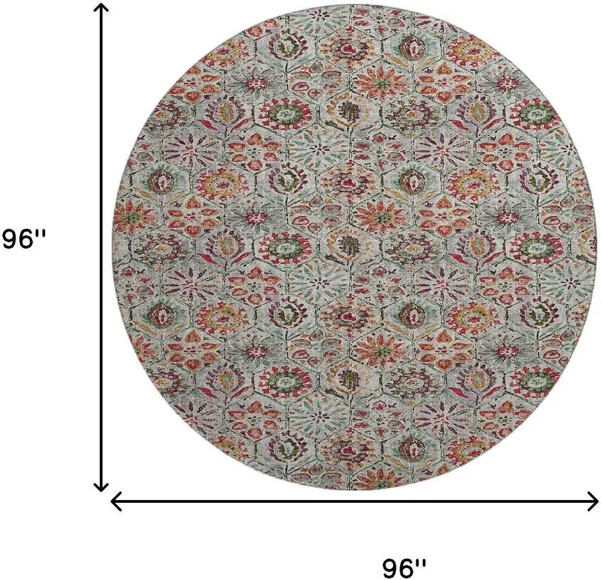 8' Rust Gray And Silver Floral Washable Round Rug With UV Protection Photo 9