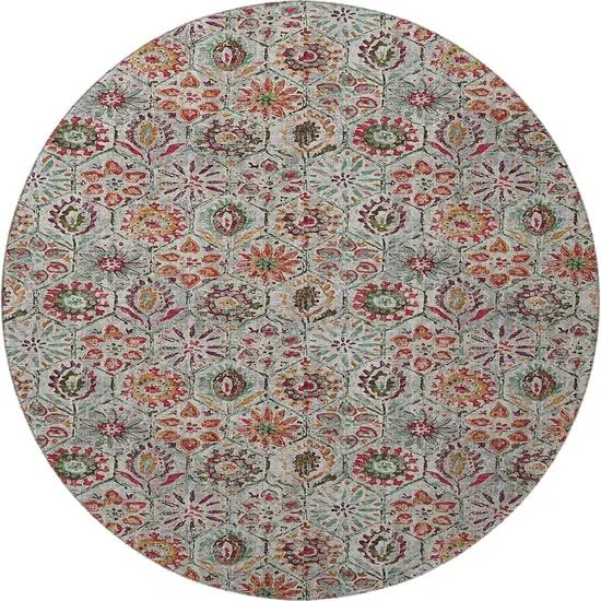 8' Rust Gray And Silver Floral Washable Round Rug With UV Protection Photo 4