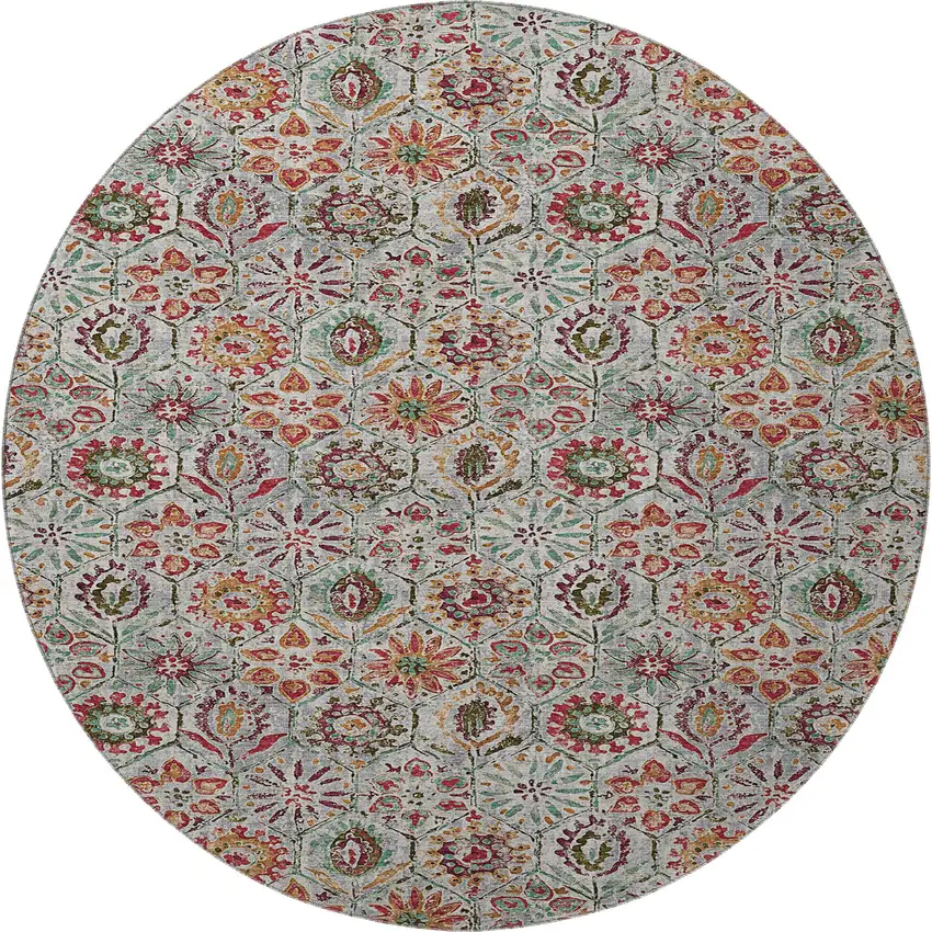 8' Rust Gray And Silver Floral Washable Round Rug With UV Protection Photo 4