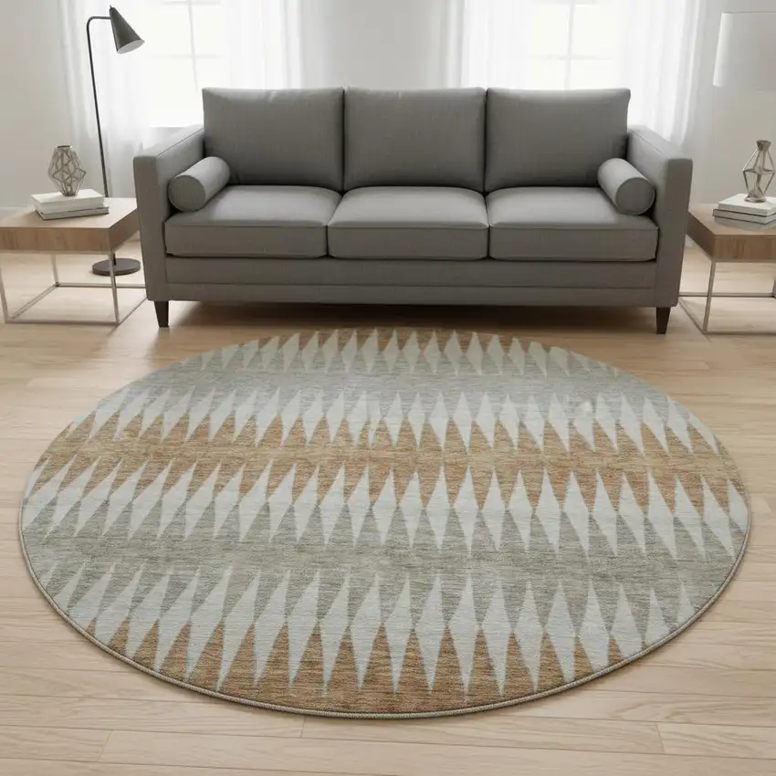 8' Rust Gray And Silver Striped Washable Round Rug With UV Protection Photo 2