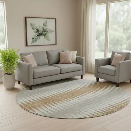 8' Rust Gray And Silver Striped Washable Round Rug With UV Protection Photo 1