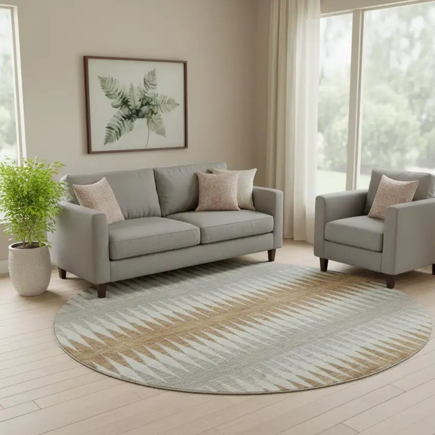 8' Rust Gray And Silver Striped Washable Round Rug With UV Protection Photo 1