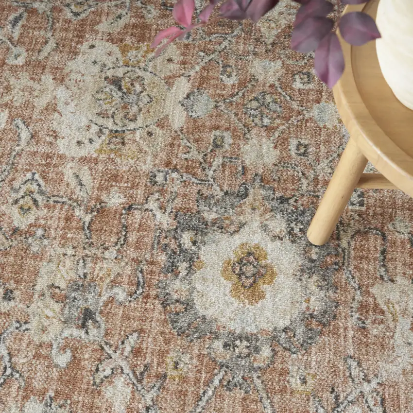 4' Rust Green And Black Floral Distressed Round Rug Photo 8