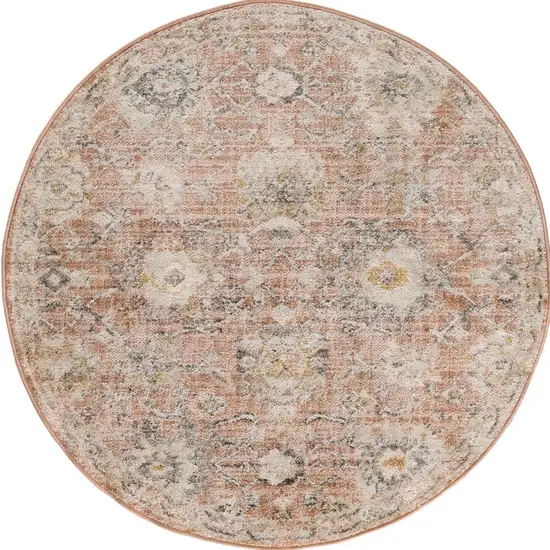 4' Rust Green And Black Floral Distressed Round Rug Photo 2