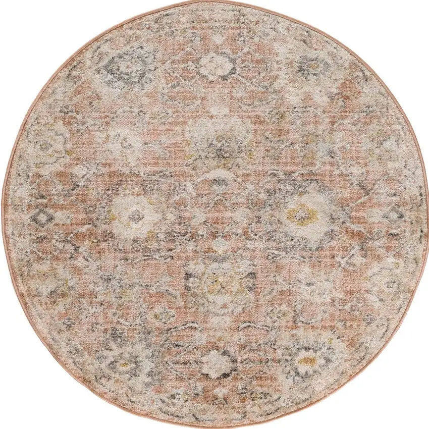 4' Rust Green And Black Floral Distressed Round Rug Photo 2