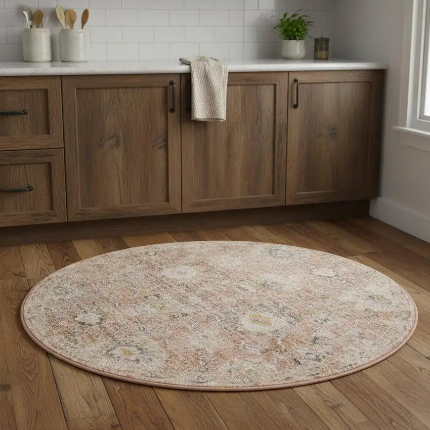 4' Rust Green And Black Floral Distressed Round Rug Photo 1
