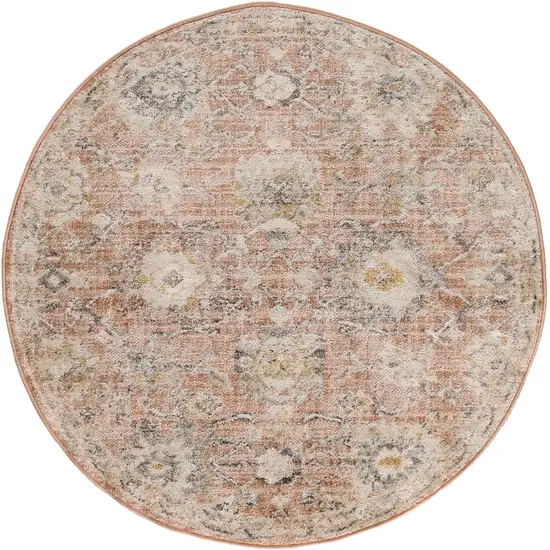 4' Rust Green And Black Floral Distressed Round Rug Photo 3