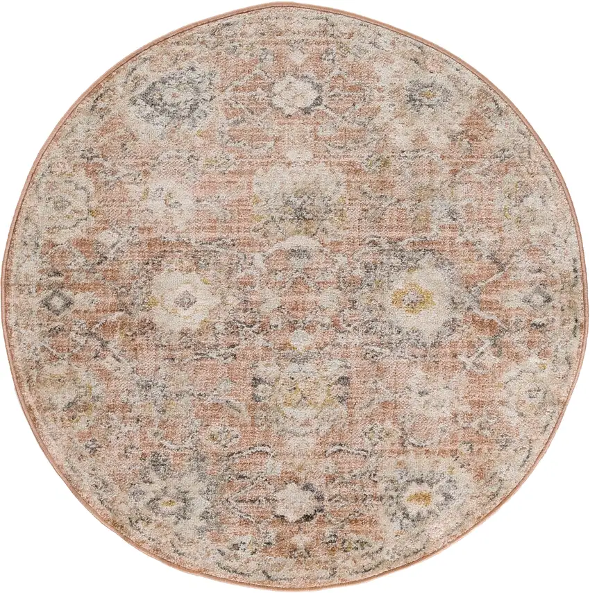 4' Rust Green And Black Floral Distressed Round Rug Photo 3