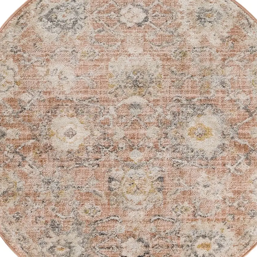 4' Rust Green And Black Floral Distressed Round Rug Photo 6