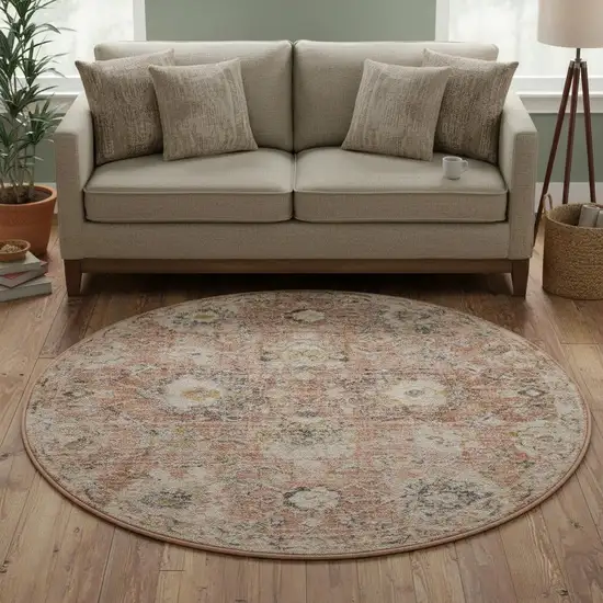 8' Rust Green And Black Floral Distressed Round Rug Photo 1
