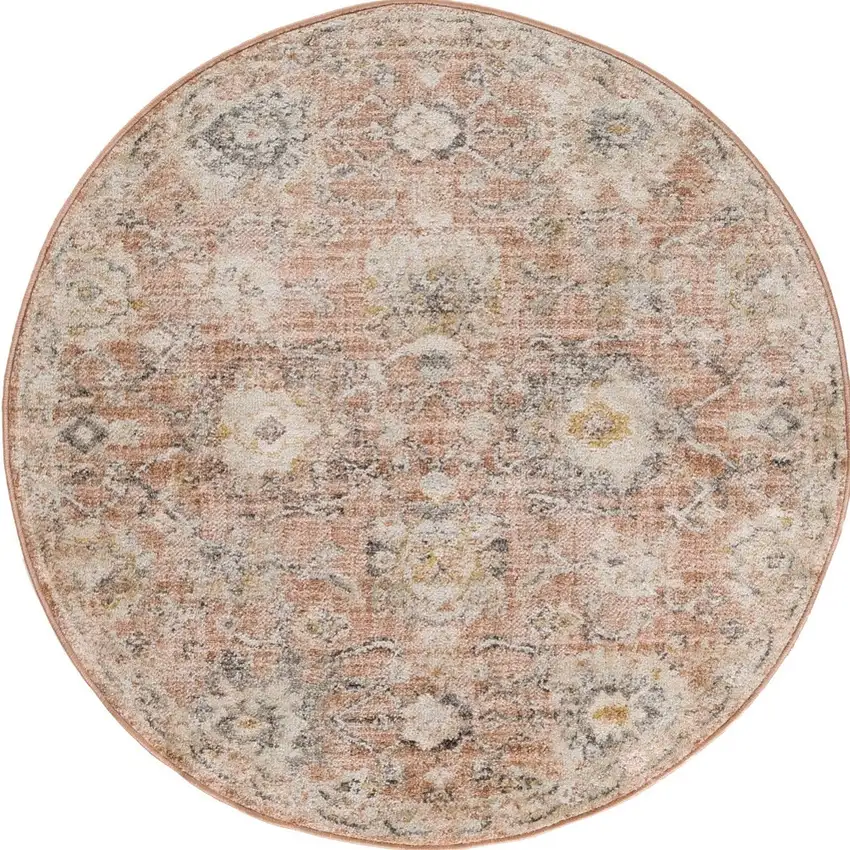 8' Rust Green And Black Floral Distressed Round Rug Photo 2
