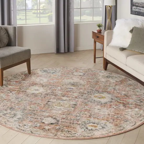 8' Rust Green And Black Floral Distressed Round Rug Photo 4