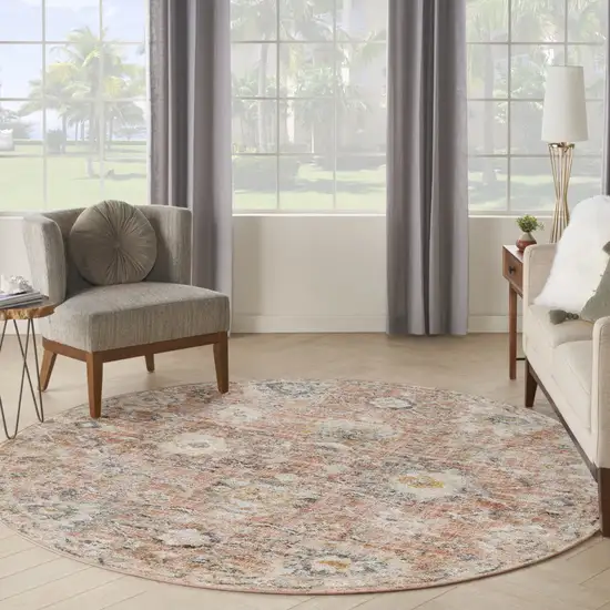 8' Rust Green And Black Floral Distressed Round Rug Photo 5
