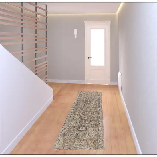 8' Rust Green And Black Floral Distressed Runner Rug Photo 1