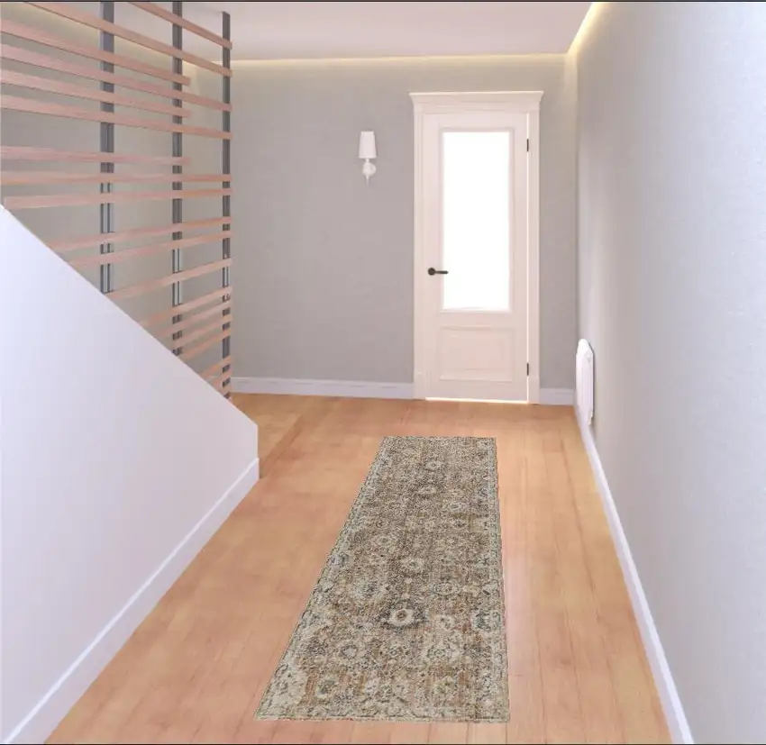 8' Rust Green And Black Floral Distressed Runner Rug Photo 1