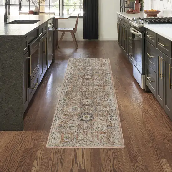 8' Rust Green And Black Floral Distressed Runner Rug Photo 5