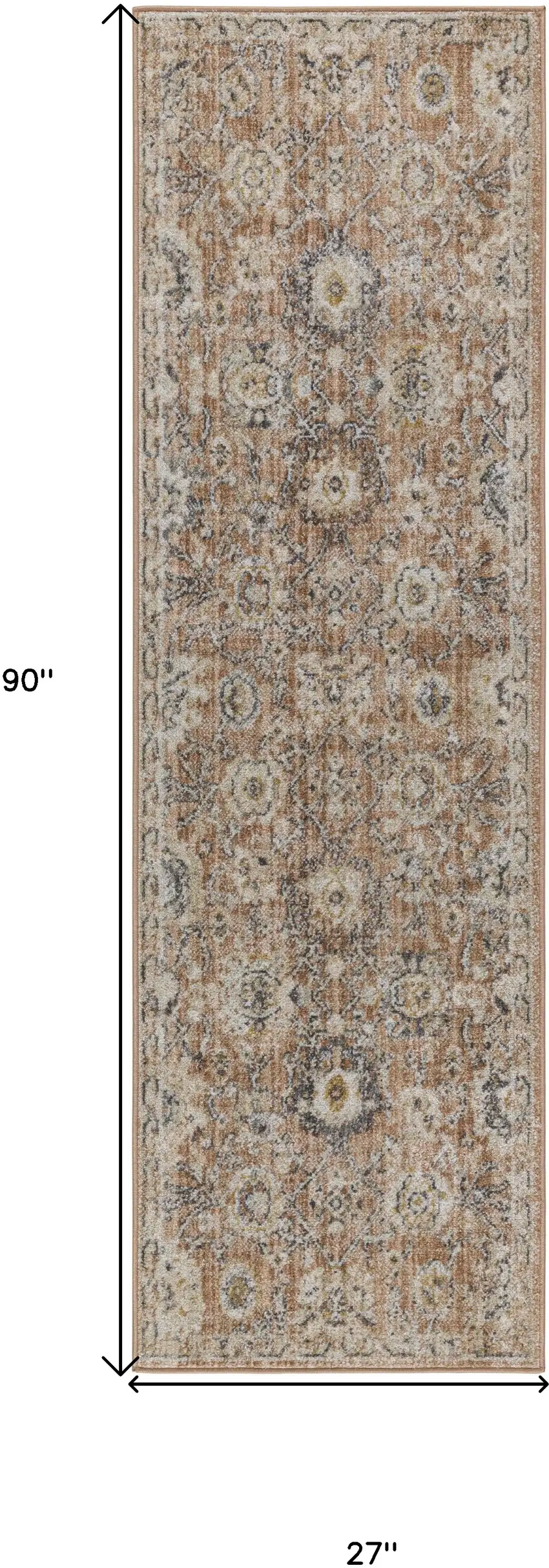 8' Rust Green And Black Floral Distressed Runner Rug Photo 3