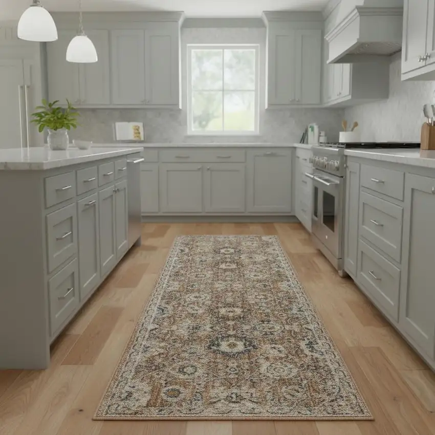 8' Rust Green And Black Floral Distressed Runner Rug Photo 1